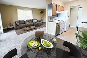 A living room and kitchen with a table and chairs 